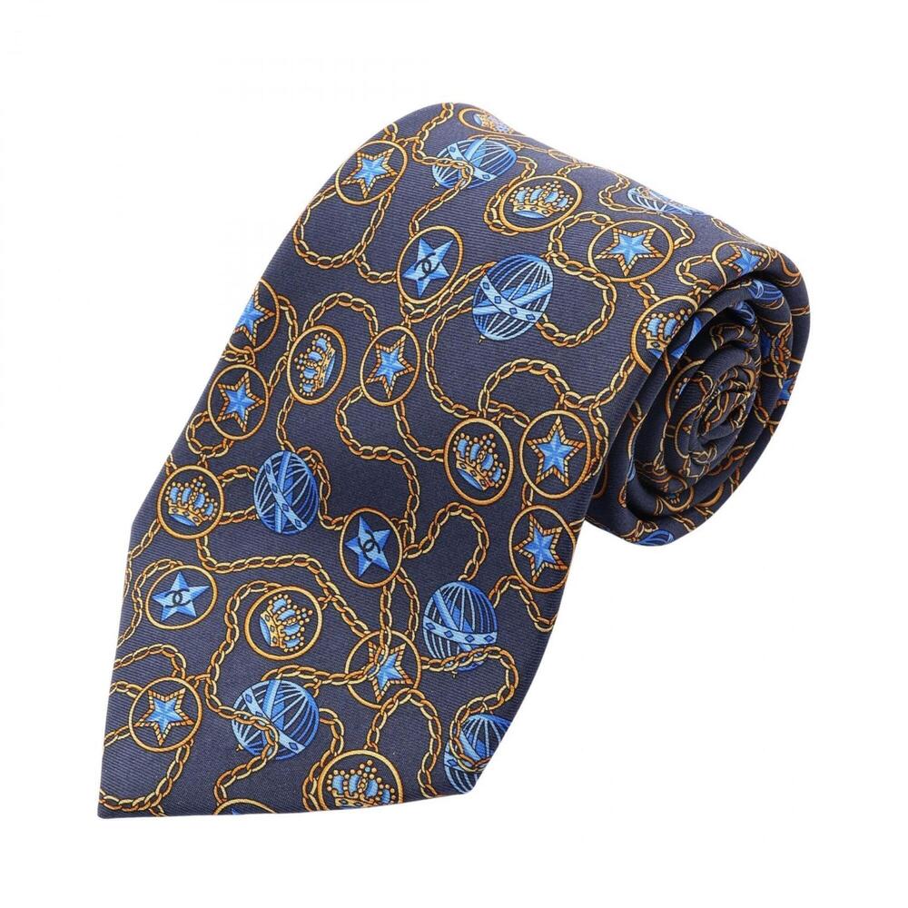 Chanel Coco Mark Chain Charm Tie, Silk, Men's, Navy, Yellow, Blue